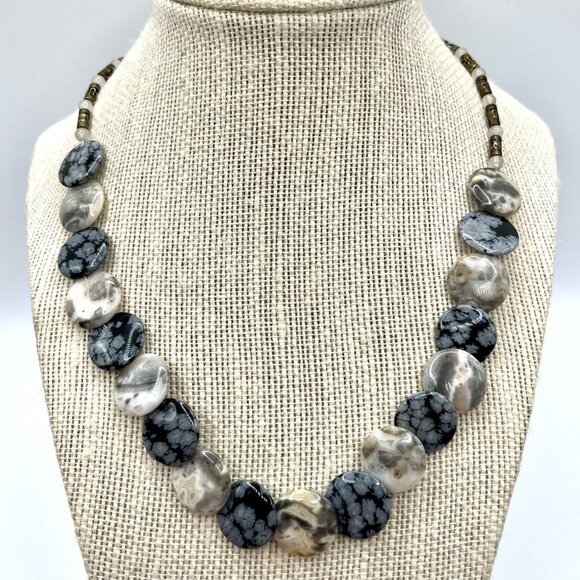 Handmade Snowflake Obsidian & Agate Beaded Necklace with Toggle Clasp Vintage - Picture 1 of 8
